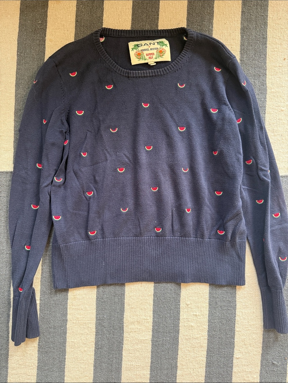 GANT vintage Navy embroidered Crewneck Sweater with Red Watermelon Embroidery